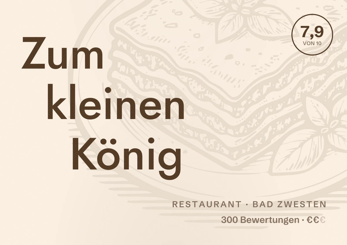 Illustriertes Poster von Zum kleinen König, Restaurant in Bad Zwesten: Bewertung 7,9 von 10 aus 300 Bewertungen, Preisniveau €€