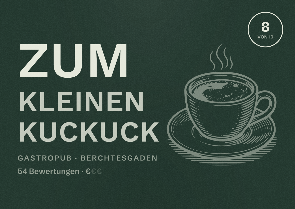 Illustriertes Poster von Zum Kleinen Kuckuck, Gastropub in Berchtesgaden: Bewertung 8 von 10 aus 54 Bewertungen, Preisniveau €