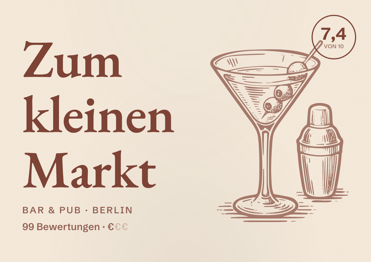 Illustriertes Poster von Zum kleinen Markt, Bar & Pub in Berlin: Bewertung 7,4 von 10 aus 99 Bewertungen, Preisniveau €