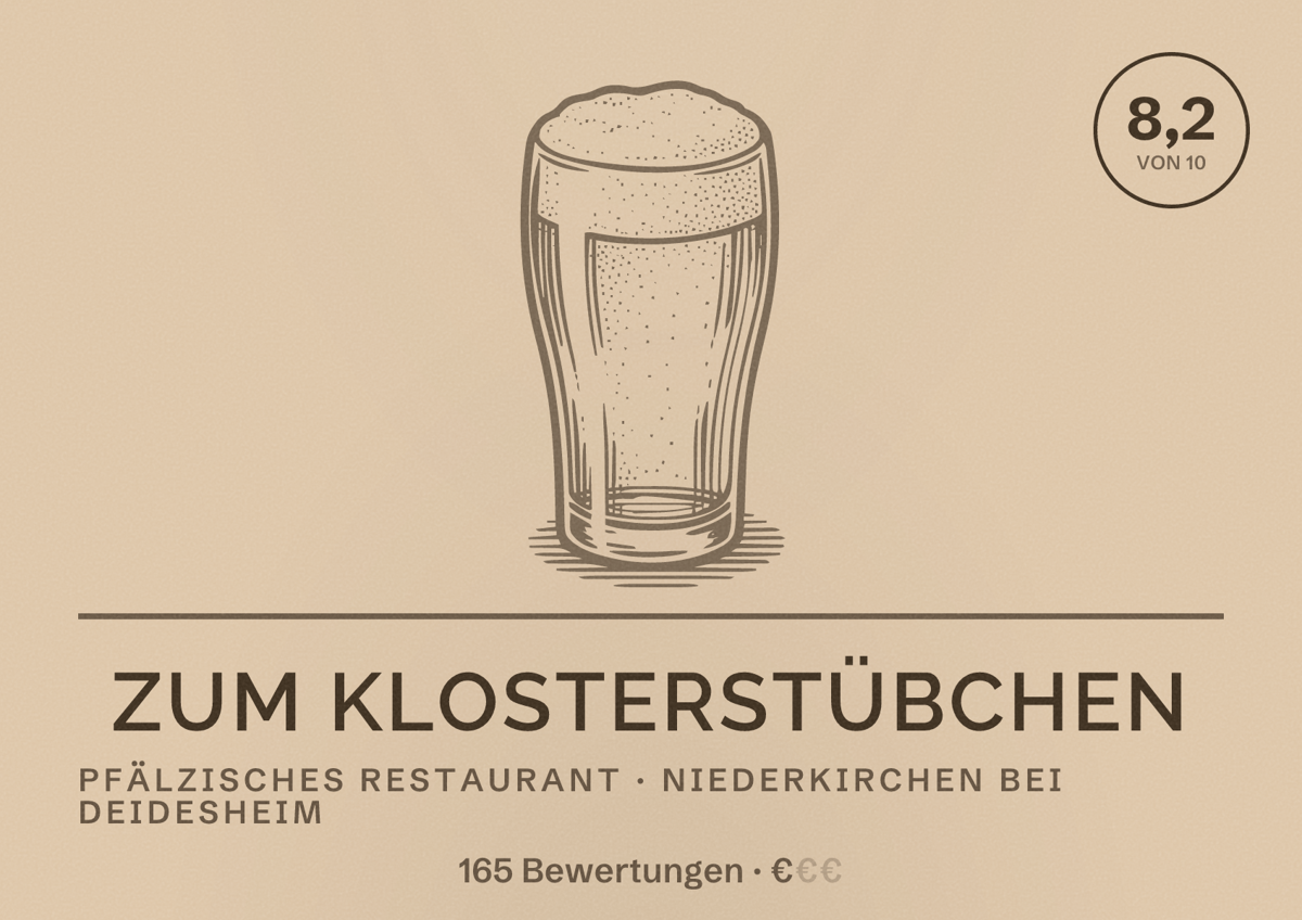 Illustriertes Poster von Zum Klosterstübchen, Pfälzisches Restaurant in Niederkirchen bei Deidesheim: Bewertung 8,2 von 10 aus 165 Bewertungen, Preisniveau €