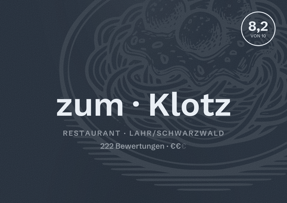 Illustriertes Poster von zum Klotz, Restaurant in Lahr/Schwarzwald: Bewertung 8,2 von 10 aus 222 Bewertungen, Preisniveau €€