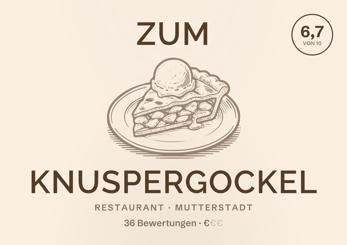 Illustriertes Poster von Zum Knuspergockel, Restaurant in Mutterstadt: Bewertung 6,7 von 10 aus 36 Bewertungen, Preisniveau €