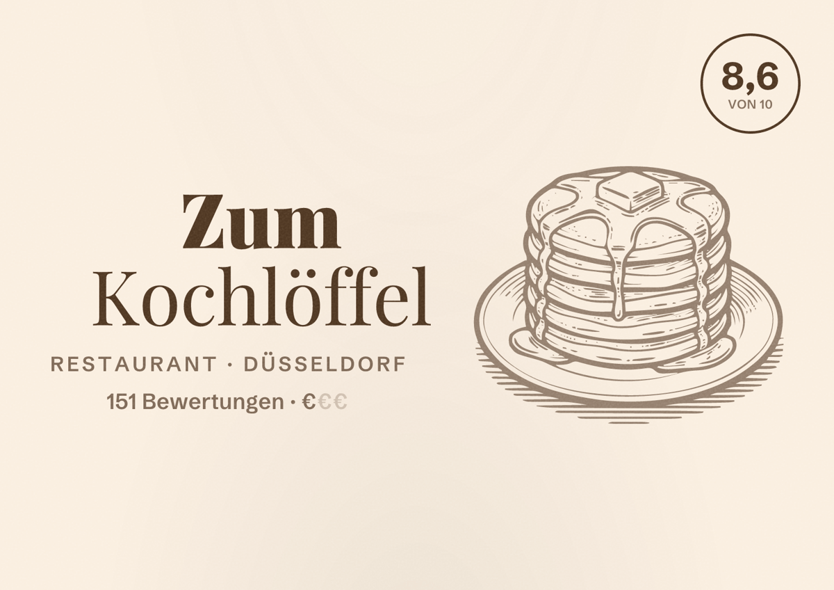 Illustriertes Poster von Zum Kochlöffel, Restaurant in Düsseldorf: Bewertung 8,6 von 10 aus 151 Bewertungen, Preisniveau €