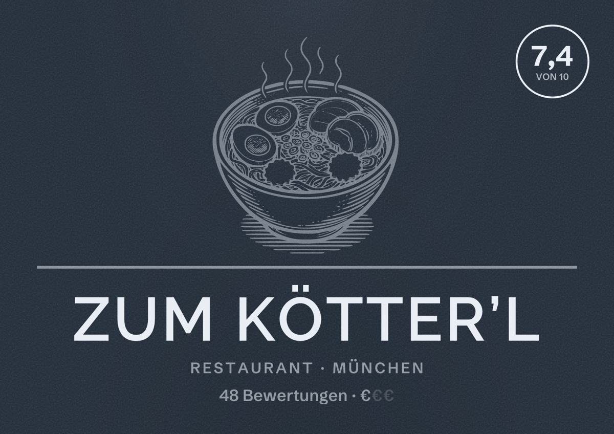 Illustriertes Poster von Zum Kötter’l, Restaurant in München: Bewertung 7,4 von 10 aus 48 Bewertungen, Preisniveau €