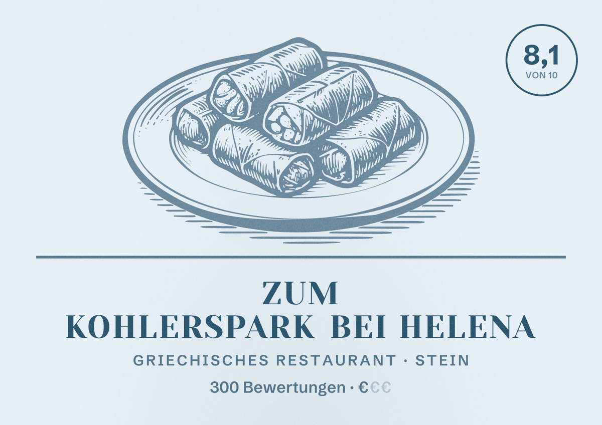 Illustriertes Poster von Zum Kohlerspark bei Helena, Griechisches Restaurant in Stein: Bewertung 8,1 von 10 aus 300 Bewertungen, Preisniveau €