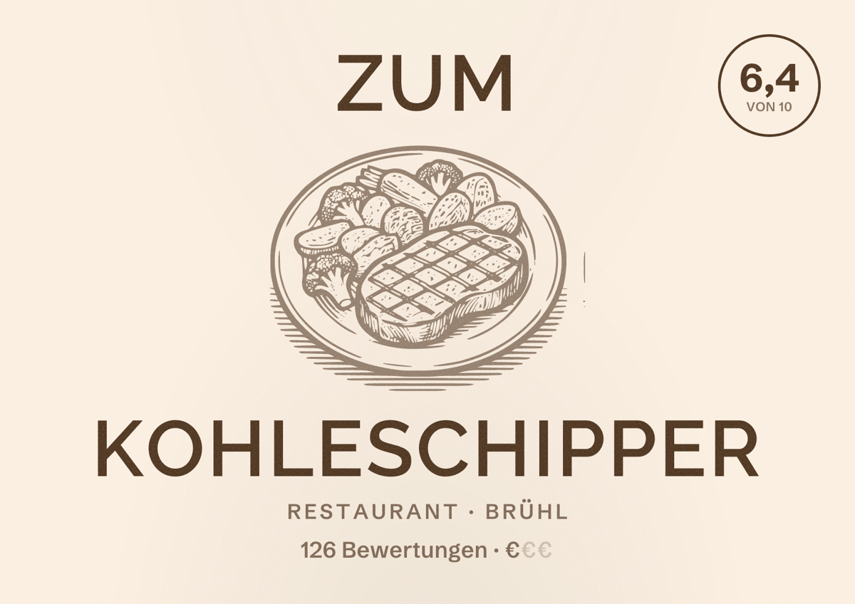 Illustriertes Poster von Zum Kohleschipper, Restaurant in Brühl: Bewertung 6,4 von 10 aus 126 Bewertungen, Preisniveau €