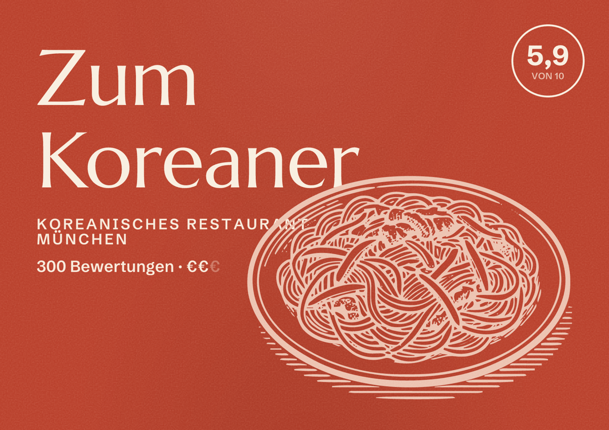 Illustriertes Poster von Zum Koreaner, Koreanisches Restaurant in München: Bewertung 5,9 von 10 aus 300 Bewertungen, Preisniveau €€