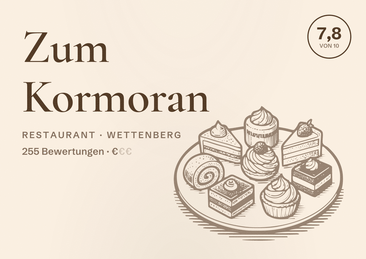 Illustriertes Poster von Zum Kormoran, Restaurant in Wettenberg: Bewertung 7,8 von 10 aus 255 Bewertungen, Preisniveau €