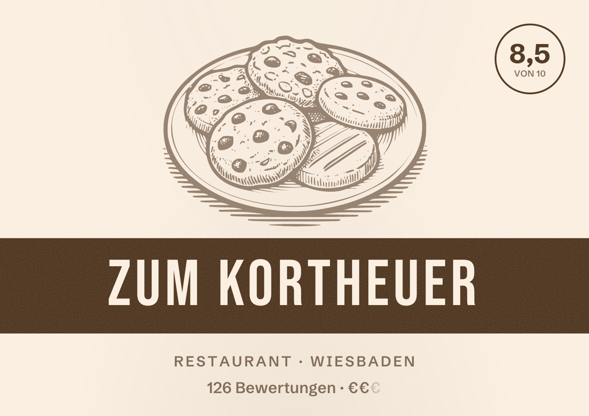 Illustriertes Poster von Zum Kortheuer, Restaurant in Wiesbaden: Bewertung 8,5 von 10 aus 126 Bewertungen, Preisniveau €€