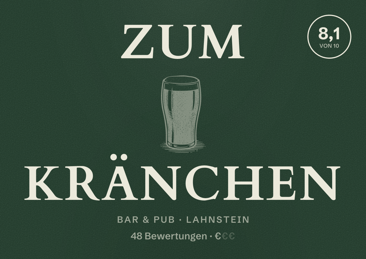 Illustriertes Poster von Zum Kränchen, Bar & Pub in Lahnstein: Bewertung 8,1 von 10 aus 48 Bewertungen, Preisniveau €