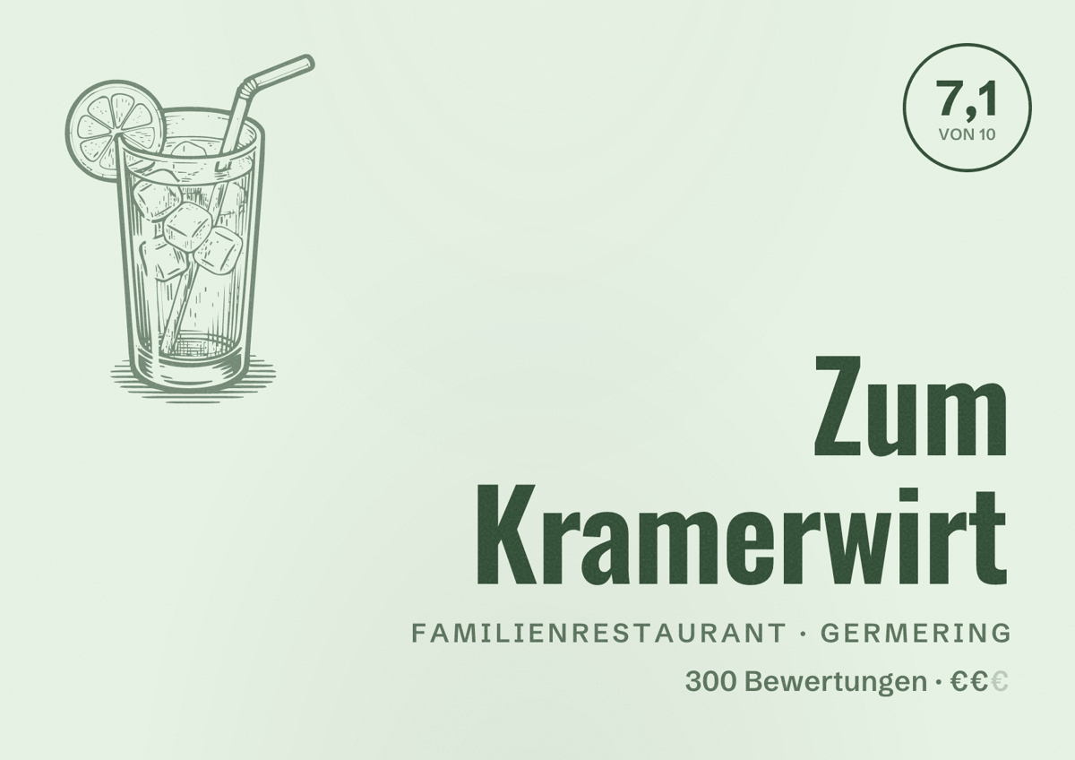 Illustriertes Poster von Zum Kramerwirt, Familienrestaurant in Germering: Bewertung 7,1 von 10 aus 300 Bewertungen, Preisniveau €€