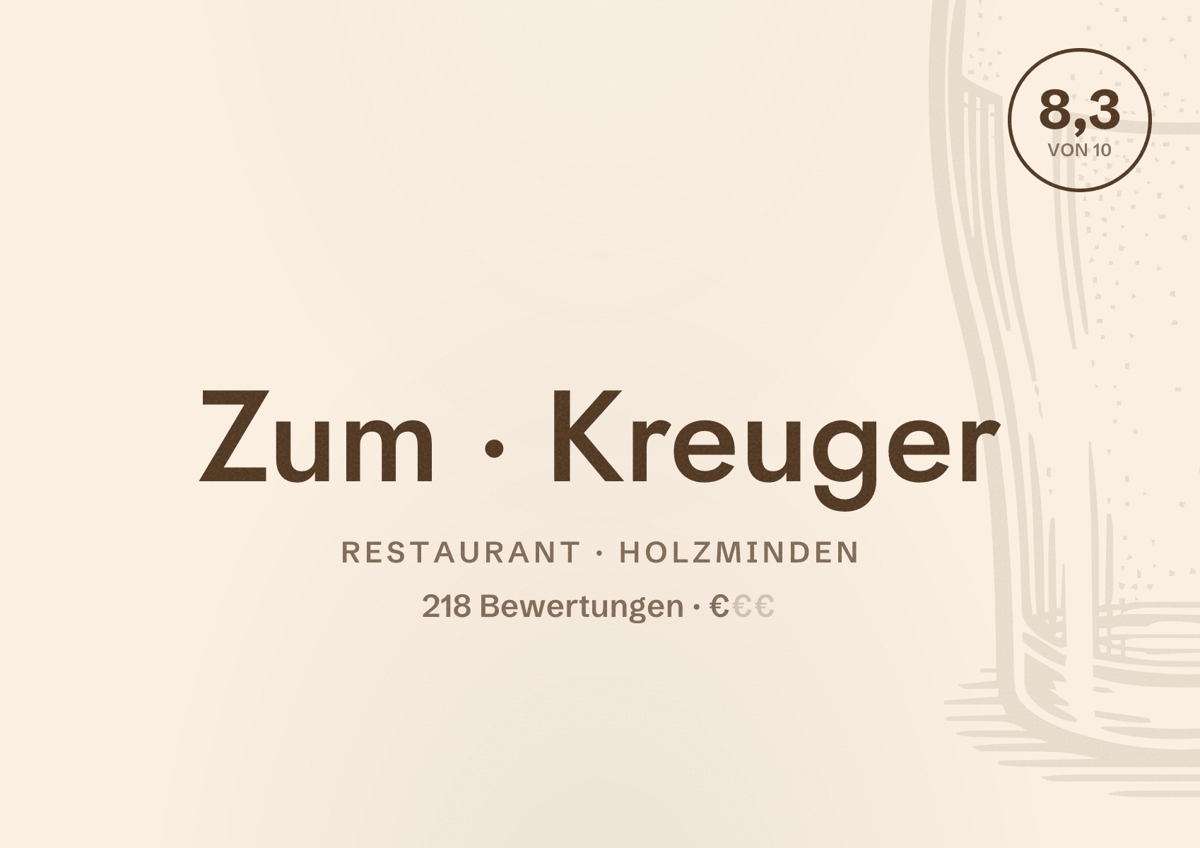 Illustriertes Poster von Zum Kreuger, Restaurant in Holzminden: Bewertung 8,3 von 10 aus 218 Bewertungen, Preisniveau €