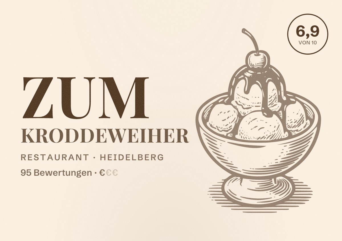 Illustriertes Poster von Zum Kroddeweiher, Restaurant in Heidelberg: Bewertung 6,9 von 10 aus 95 Bewertungen, Preisniveau €