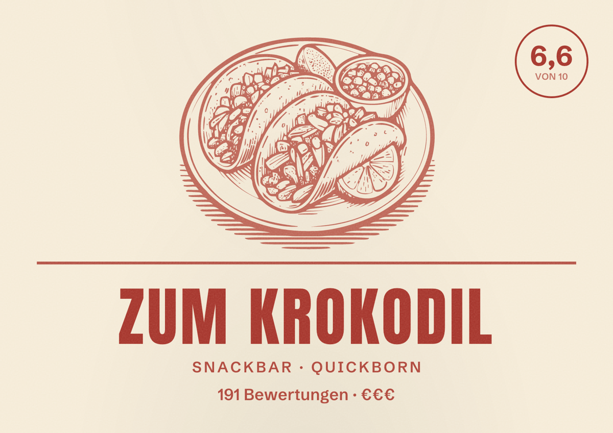 Illustriertes Poster von Zum Krokodil, Snackbar in Quickborn: Bewertung 6,6 von 10 aus 191 Bewertungen, Preisniveau €€€