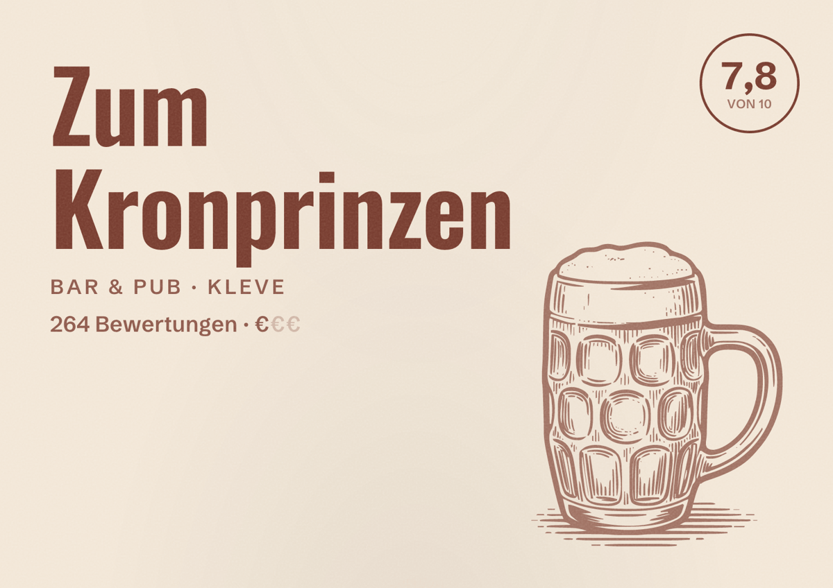 Illustriertes Poster von Zum Kronprinzen, Bar & Pub in Kleve: Bewertung 7,8 von 10 aus 264 Bewertungen, Preisniveau €