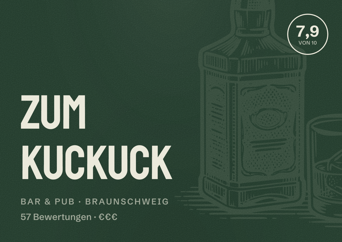 Illustriertes Poster von Zum Kuckuck, Bar & Pub in Braunschweig: Bewertung 7,9 von 10 aus 57 Bewertungen, Preisniveau €€€