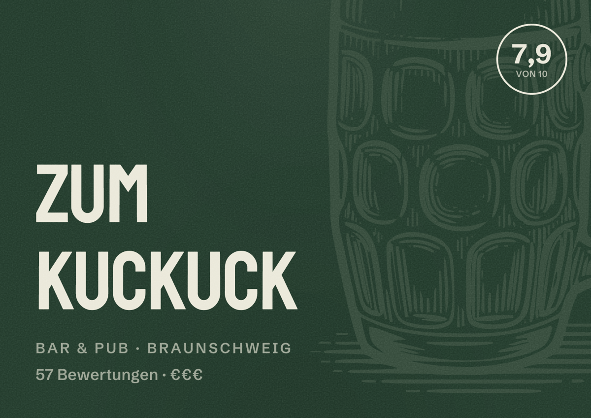 Illustriertes Poster von Zum Kuckuck, Bar & Pub in Braunschweig: Bewertung 7,9 von 10 aus 57 Bewertungen, Preisniveau €€€