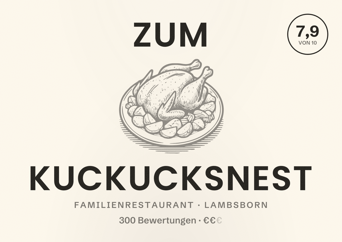 Illustriertes Poster von Zum Kuckucksnest, Familienrestaurant in Lambsborn: Bewertung 7,9 von 10 aus 300 Bewertungen, Preisniveau €€