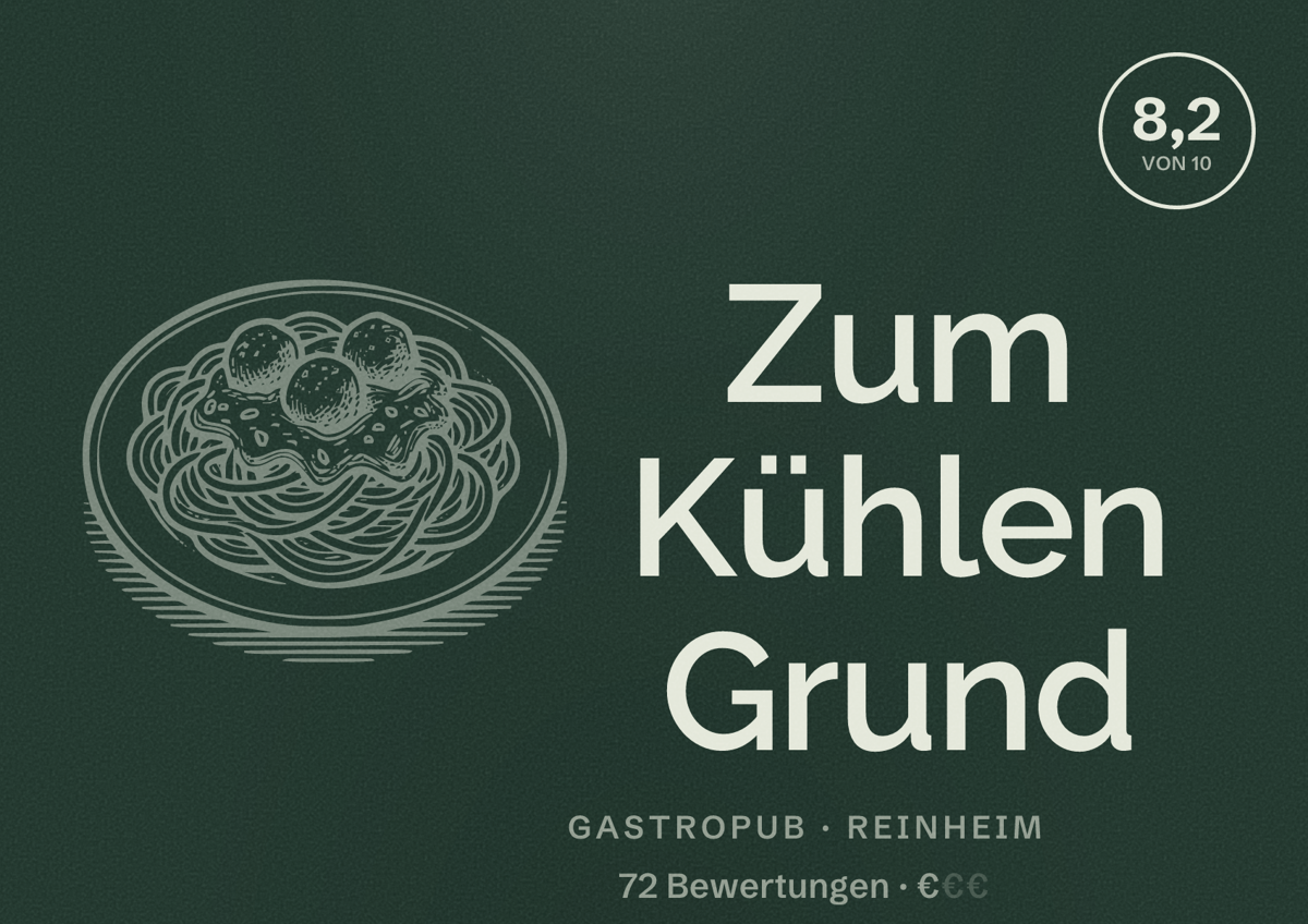 Illustriertes Poster von Zum Kühlen Grund, Gastropub in Reinheim: Bewertung 8,2 von 10 aus 72 Bewertungen, Preisniveau €