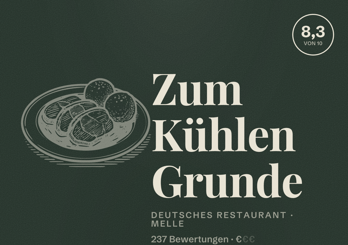 Illustriertes Poster von Zum Kühlen Grunde, Deutsches Restaurant in Melle: Bewertung 8,3 von 10 aus 237 Bewertungen, Preisniveau €