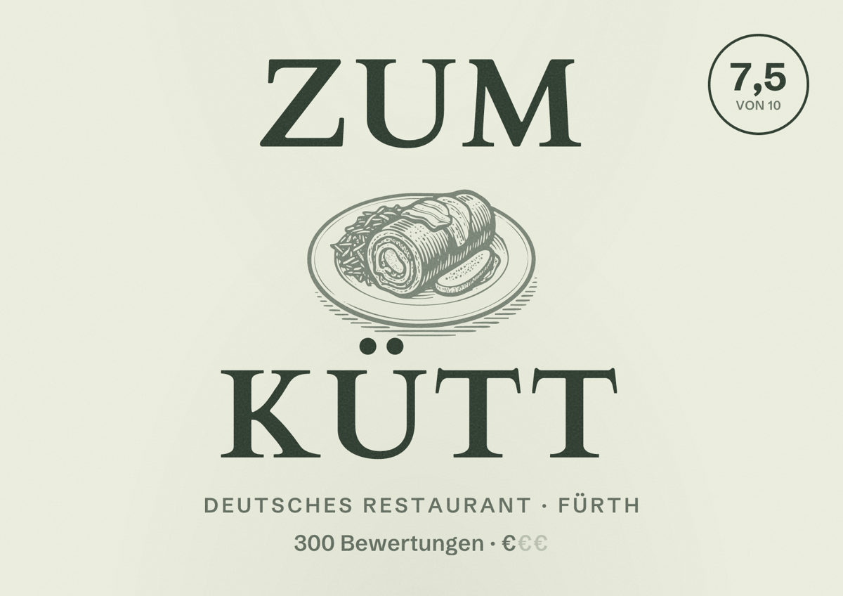 Illustriertes Poster von Zum Kütt, Deutsches Restaurant in Fürth: Bewertung 7,5 von 10 aus 300 Bewertungen, Preisniveau €