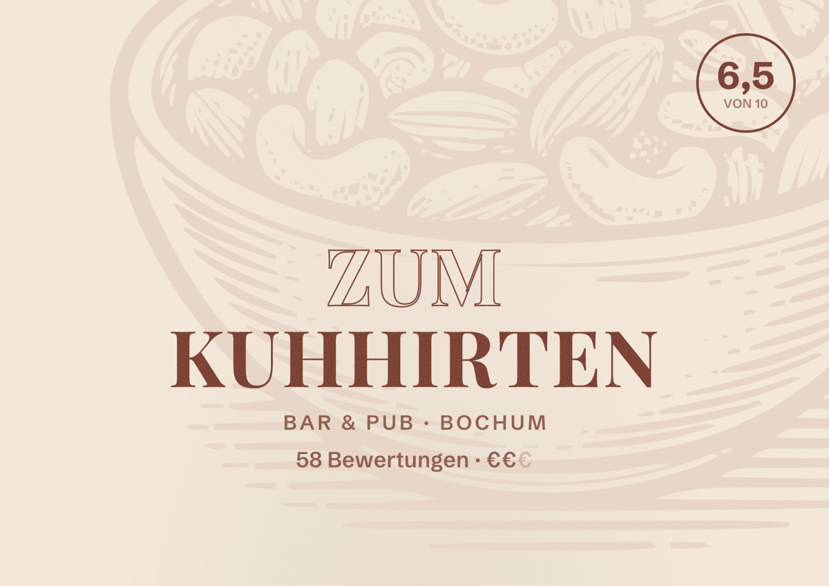 Illustriertes Poster von Zum Kuhhirten, Bar & Pub in Bochum: Bewertung 6,5 von 10 aus 58 Bewertungen, Preisniveau €€