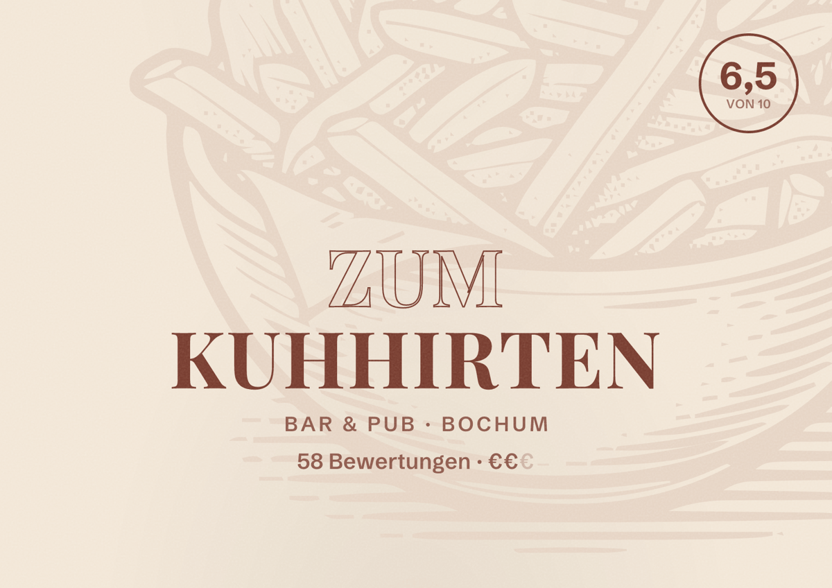 Illustriertes Poster von Zum Kuhhirten, Bar & Pub in Bochum: Bewertung 6,5 von 10 aus 58 Bewertungen, Preisniveau €€