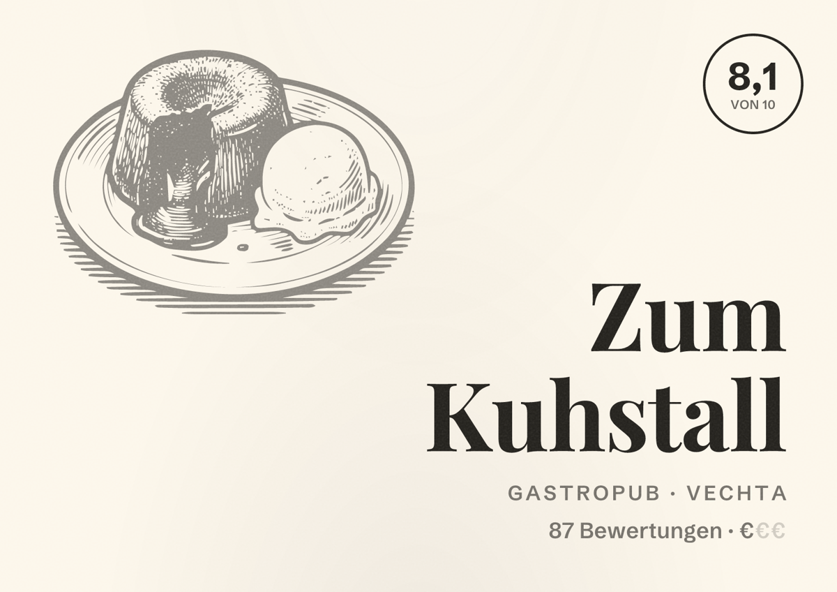 Illustriertes Poster von Zum Kuhstall, Gastropub in Vechta: Bewertung 8,1 von 10 aus 87 Bewertungen, Preisniveau €