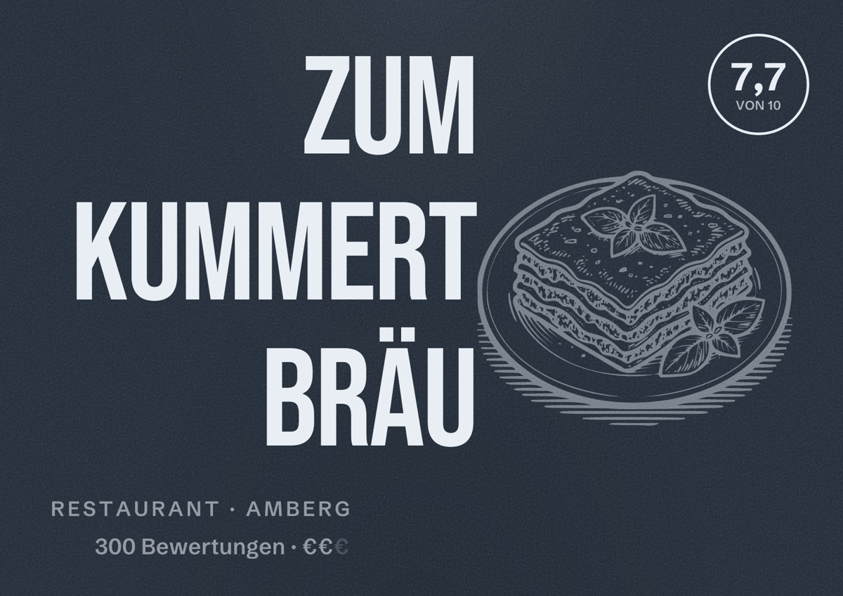 Illustriertes Poster von zum Kummert Bräu, Restaurant in Amberg: Bewertung 7,7 von 10 aus 300 Bewertungen, Preisniveau €€