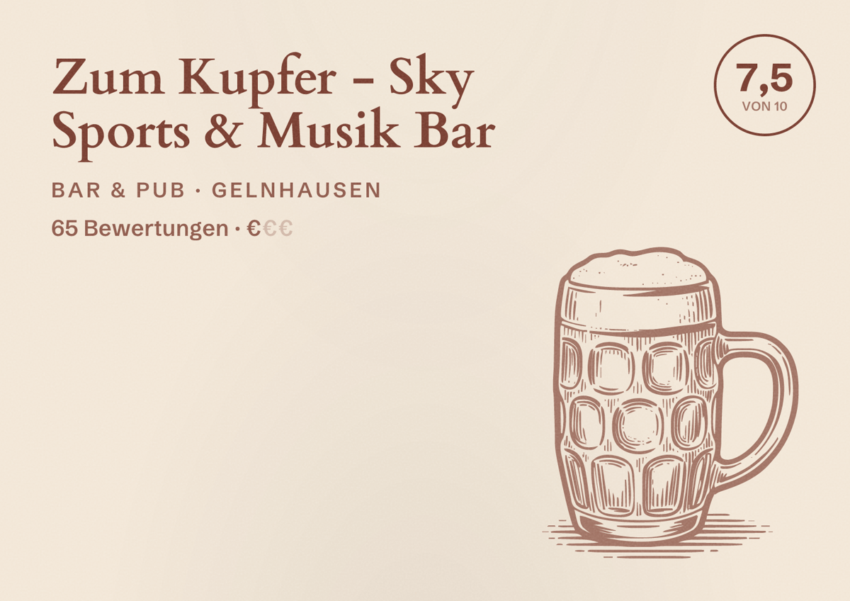Illustriertes Poster von Zum Kupfer - Sky Sports & Musik Bar, Bar & Pub in Gelnhausen: Bewertung 7,5 von 10 aus 65 Bewertungen, Preisniveau €