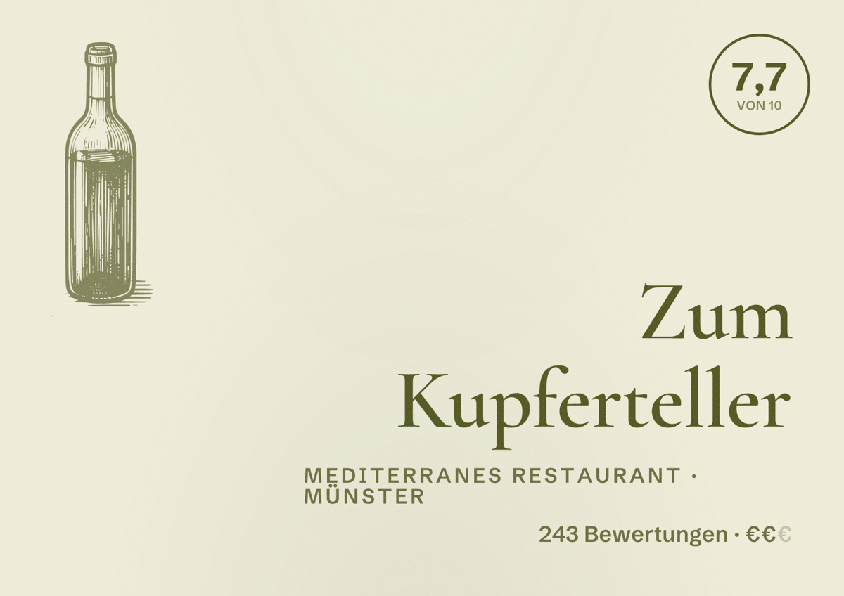 Illustriertes Poster von Zum Kupferteller, Mediterranes Restaurant in Münster: Bewertung 7,7 von 10 aus 243 Bewertungen, Preisniveau €€