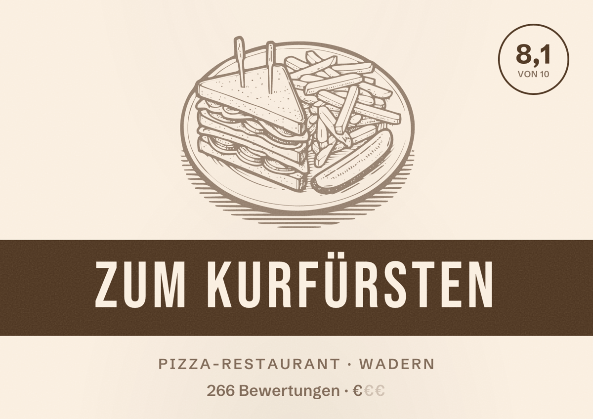Illustriertes Poster von Zum Kurfürsten, Pizza-Restaurant in Wadern: Bewertung 8,1 von 10 aus 266 Bewertungen, Preisniveau €