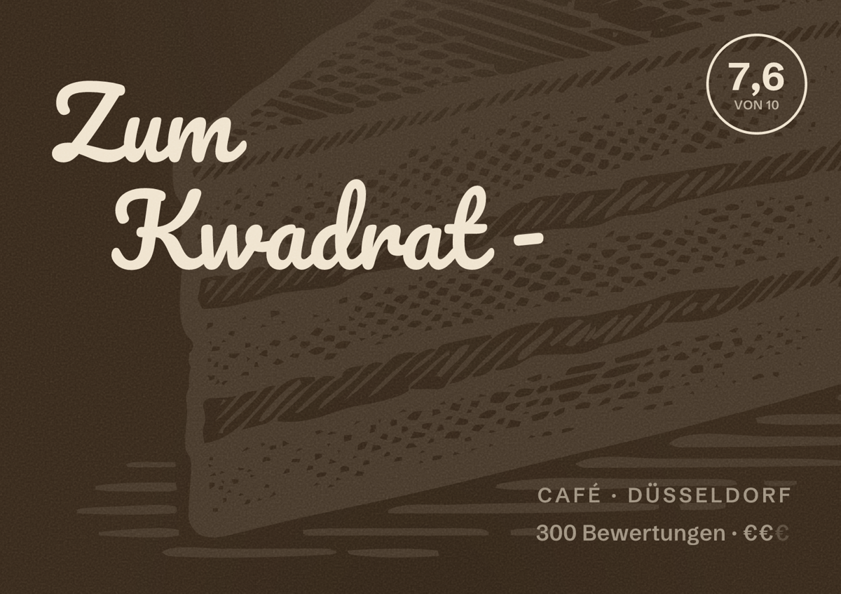Illustriertes Poster von Zum Kwadrat -, Café in Düsseldorf: Bewertung 7,6 von 10 aus 300 Bewertungen, Preisniveau €€