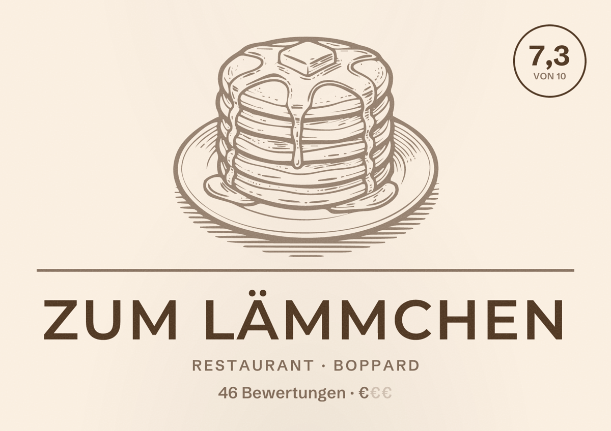 Illustriertes Poster von Zum Lämmchen, Restaurant in Boppard: Bewertung 7,3 von 10 aus 46 Bewertungen, Preisniveau €