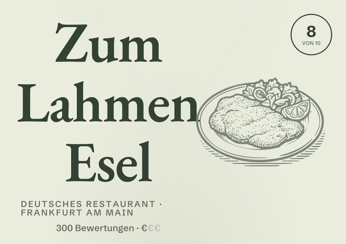 Illustriertes Poster von Zum Lahmen Esel, Deutsches Restaurant in Frankfurt am Main: Bewertung 8,0 von 10 aus 300 Bewertungen, Preisniveau €