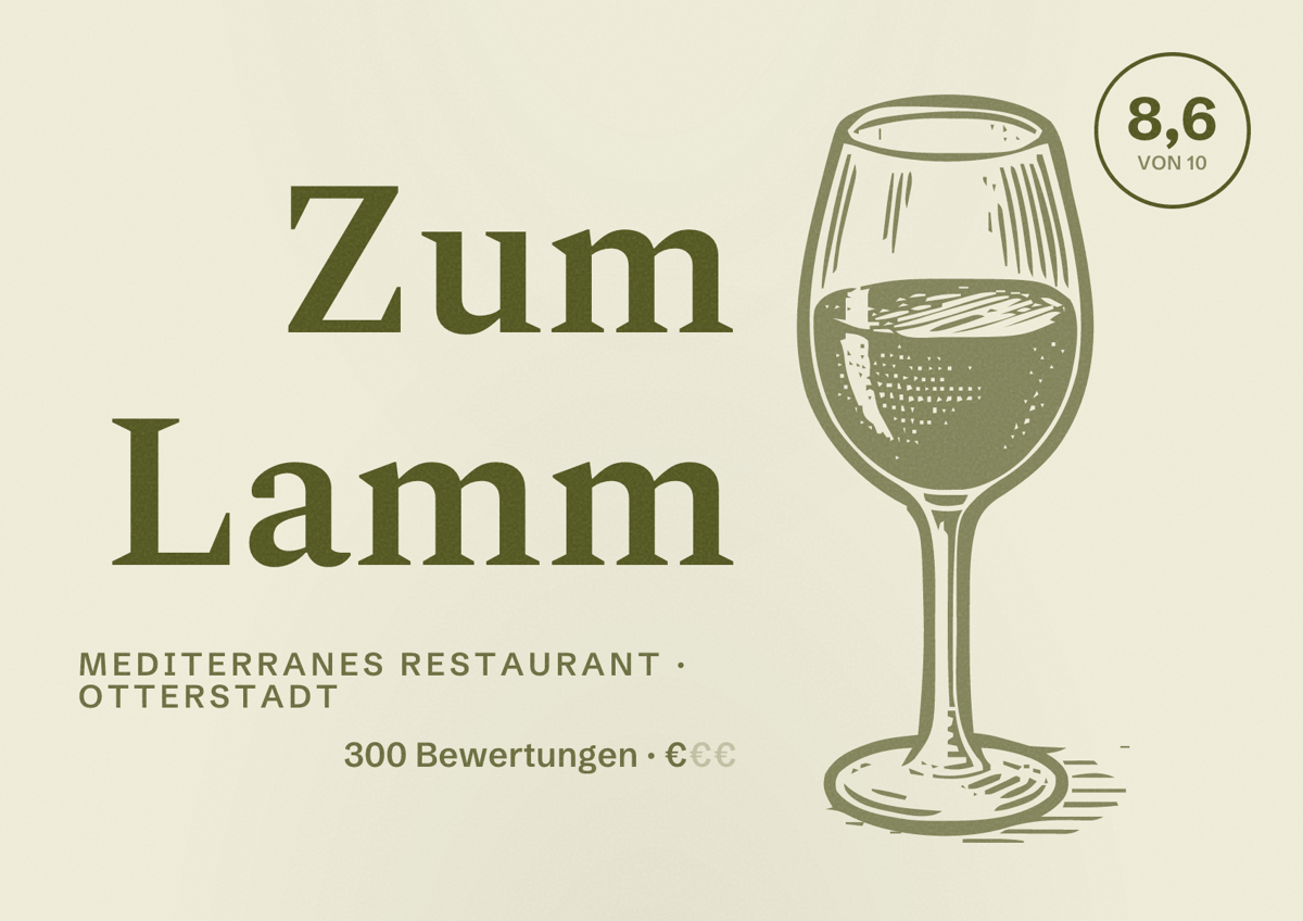 Illustriertes Poster von Zum Lamm, Mediterranes Restaurant in Otterstadt: Bewertung 8,6 von 10 aus 300 Bewertungen, Preisniveau €