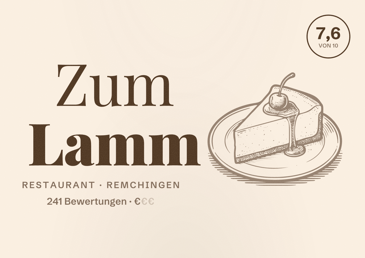 Illustriertes Poster von Zum Lamm, Restaurant in Remchingen: Bewertung 7,6 von 10 aus 241 Bewertungen, Preisniveau €
