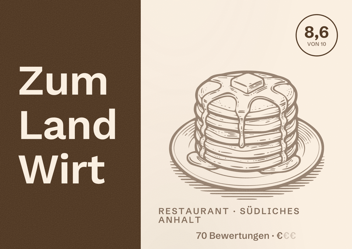Illustriertes Poster von Zum Land Wirt, Restaurant in Südliches Anhalt: Bewertung 8,6 von 10 aus 70 Bewertungen, Preisniveau €