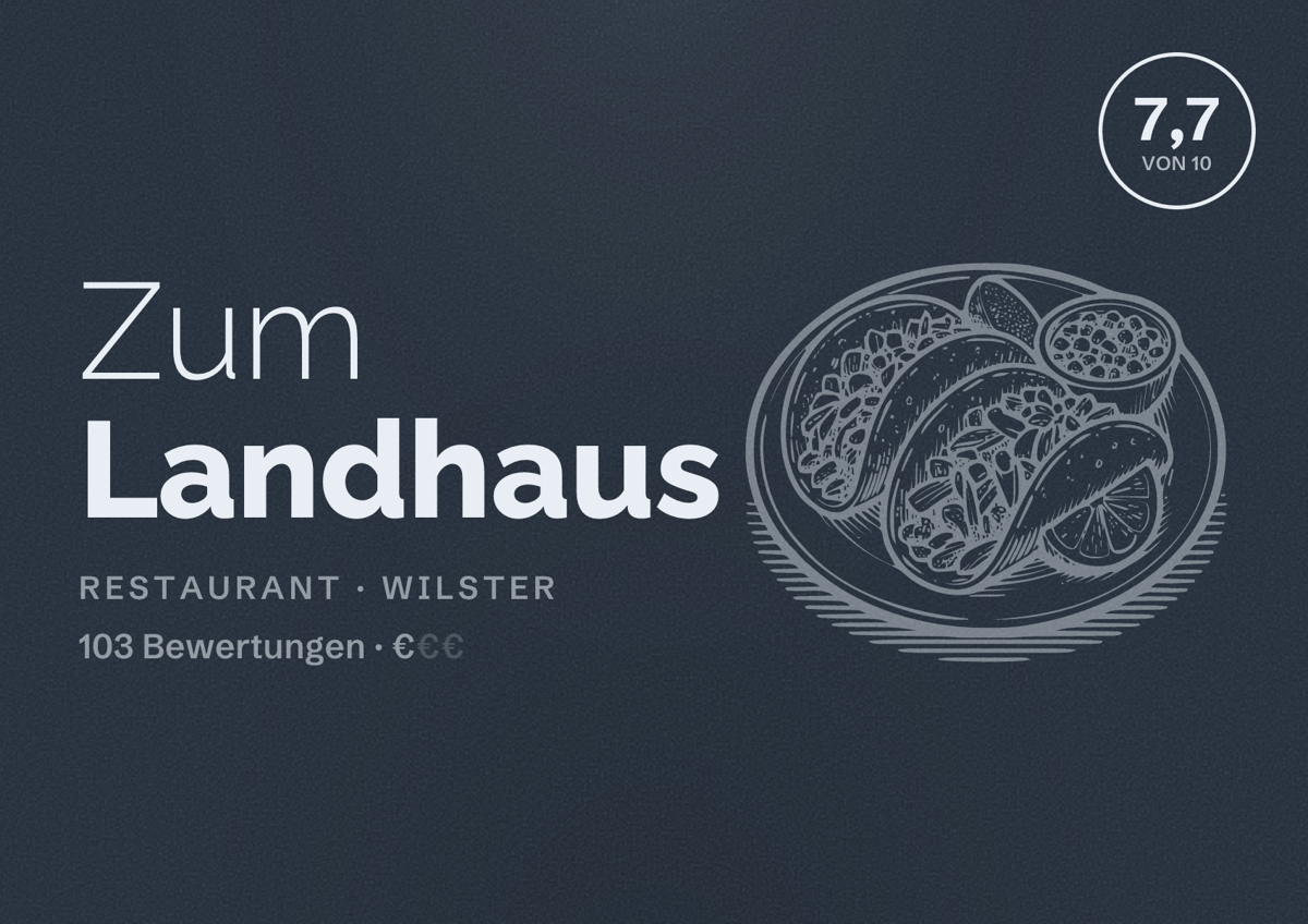 Illustriertes Poster von Zum Landhaus, Restaurant in Wilster: Bewertung 7,7 von 10 aus 103 Bewertungen, Preisniveau €
