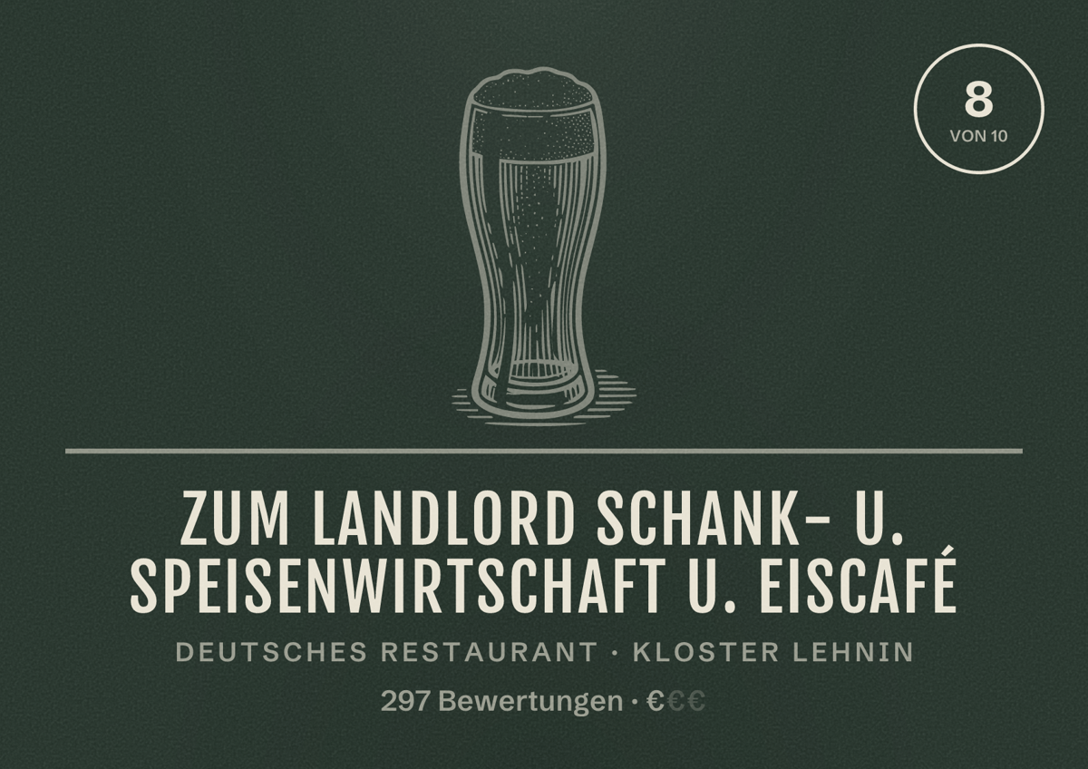 Illustriertes Poster von Zum Landlord Schank- u. Speisenwirtschaft u. Eiscafé, Deutsches Restaurant in Kloster Lehnin: Bewertung 8 von 10 aus 297 Bewertungen, Preisniveau €