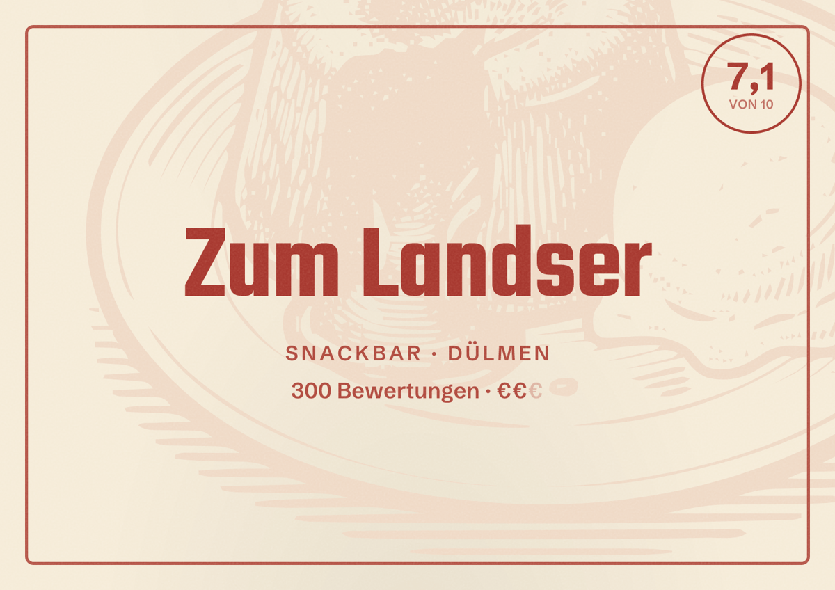 Illustriertes Poster von Zum Landser, Snackbar in Dülmen: Bewertung 7,1 von 10 aus 300 Bewertungen, Preisniveau €€
