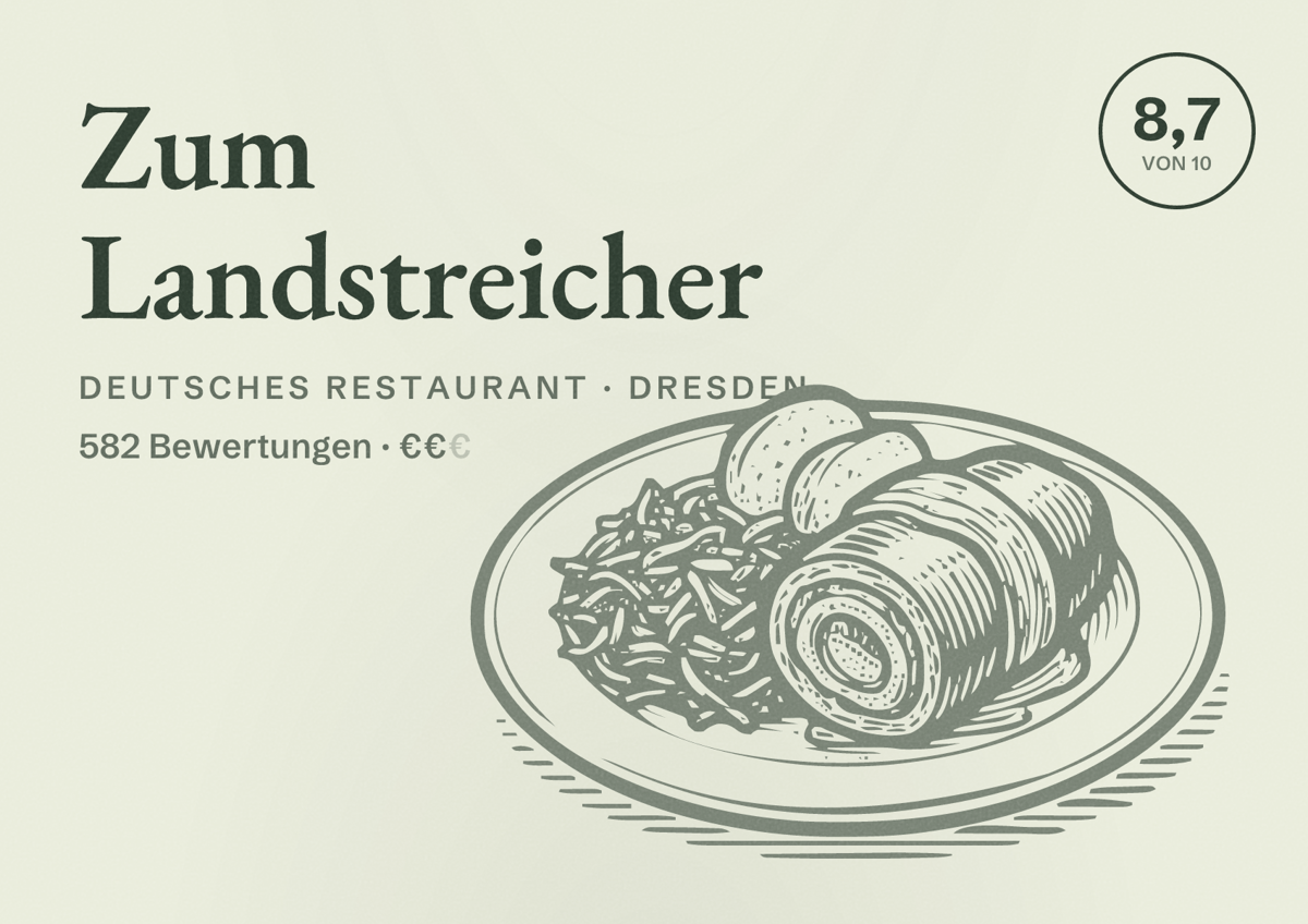 Illustriertes Poster von Zum Landstreicher, Deutsches Restaurant in Dresden: Bewertung 8,7 von 10 aus 582 Bewertungen, Preisniveau €€