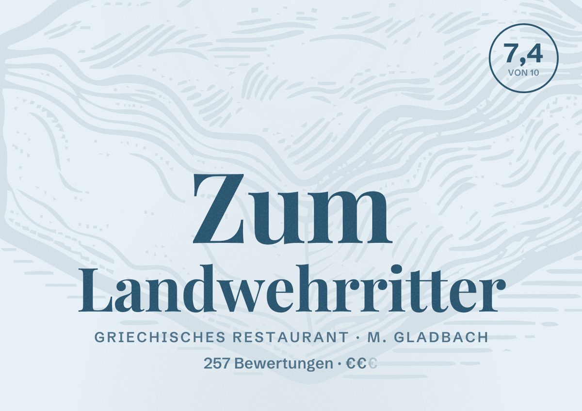Illustriertes Poster von Zum Landwehrritter, Griechisches Restaurant in M. Gladbach: Bewertung 7,4 von 10 aus 257 Bewertungen, Preisniveau €€