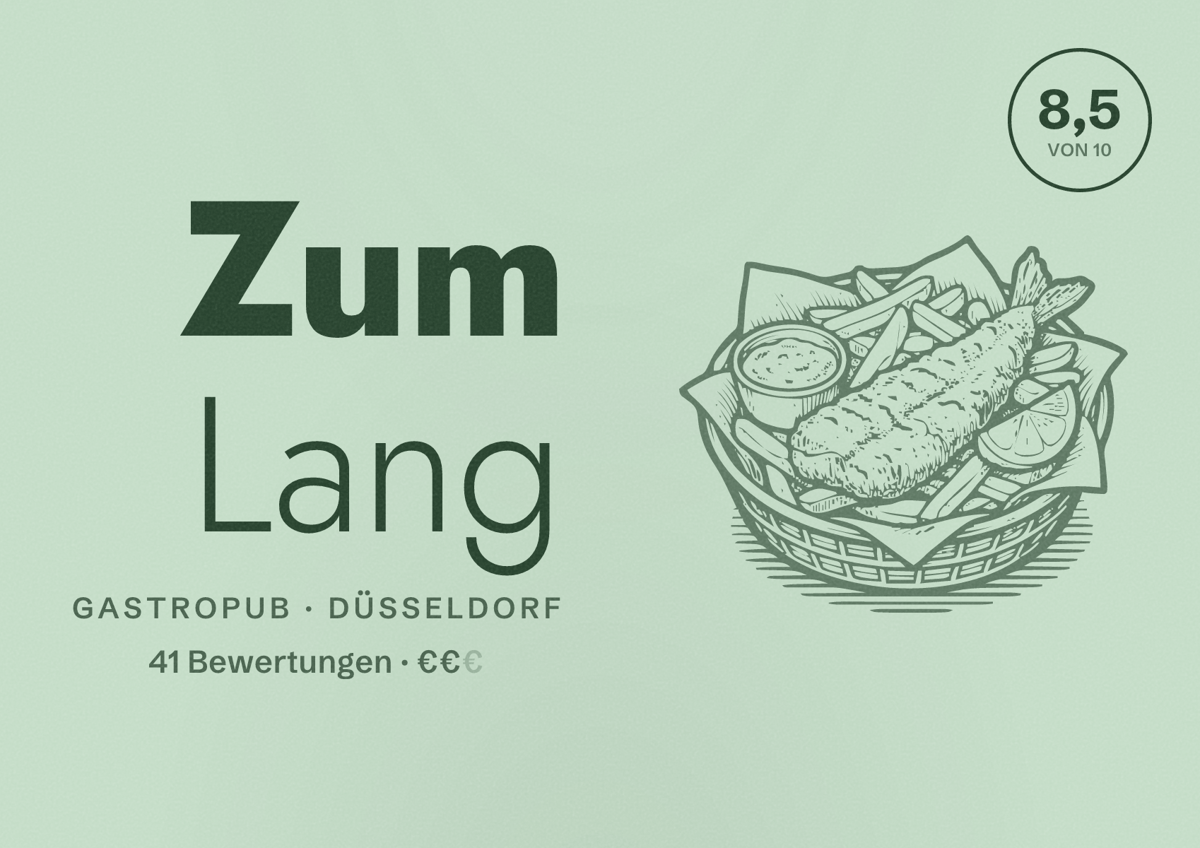 Illustriertes Poster von Zum Lang, Gastropub in Düsseldorf: Bewertung 8,5 von 10 aus 41 Bewertungen, Preisniveau €€