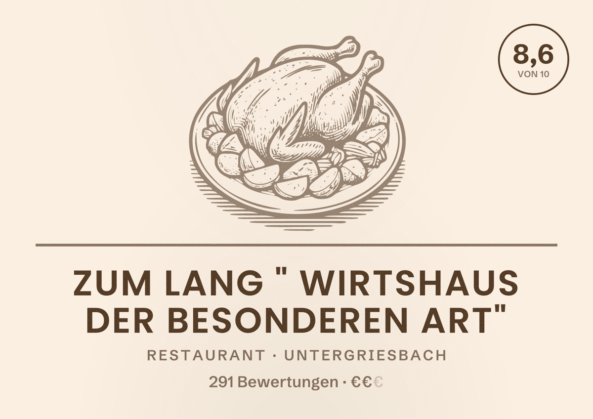 Illustriertes Poster von Zum Lang " Wirtshaus der besonderen Art", Restaurant in Untergriesbach: Bewertung 8,6 von 10 aus 291 Bewertungen, Preisniveau €€