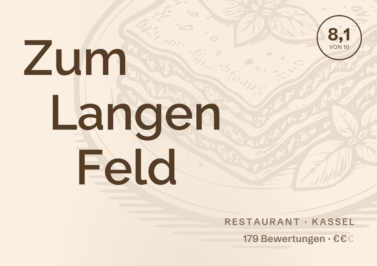 Illustriertes Poster von Zum Langen Feld, Restaurant in Kassel: Bewertung 8,1 von 10 aus 179 Bewertungen, Preisniveau €€