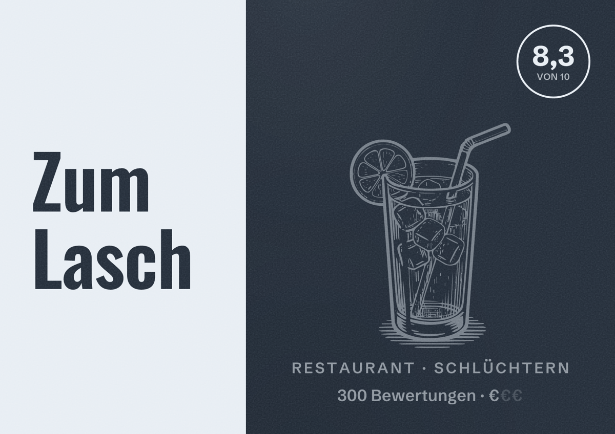 Illustriertes Poster von Zum Lasch, Restaurant in Schlüchtern: Bewertung 8,3 von 10 aus 300 Bewertungen, Preisniveau €