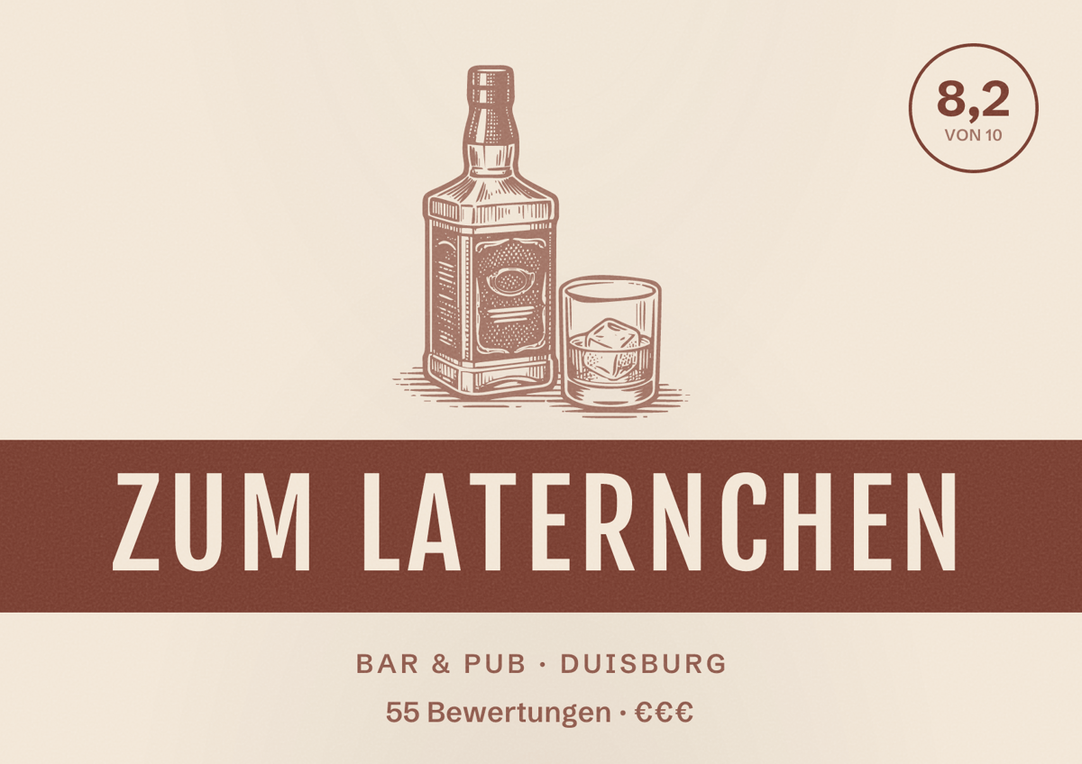 Illustriertes Poster von Zum Laternchen, Bar & Pub in Duisburg: Bewertung 8,2 von 10 aus 55 Bewertungen, Preisniveau €€€