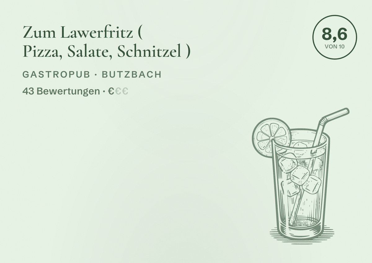 Illustriertes Poster von Zum Lawerfritz ( Pizza, Salate, Schnitzel ), Gastropub in Butzbach: Bewertung 8,6 von 10 aus 43 Bewertungen, Preisniveau €