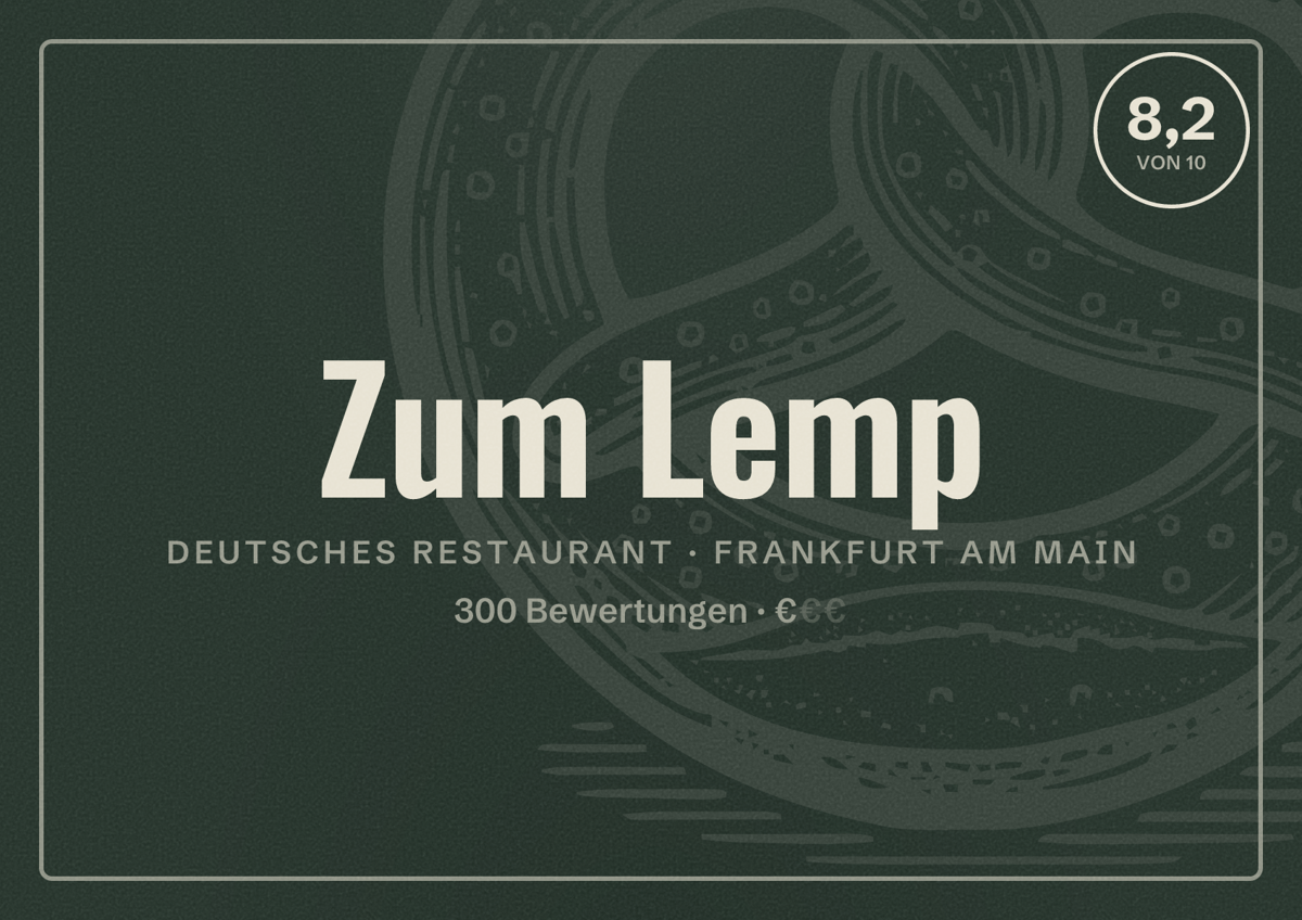 Illustriertes Poster von Zum Lemp, Deutsches Restaurant in Frankfurt am Main: Bewertung 8,2 von 10 aus 300 Bewertungen, Preisniveau €